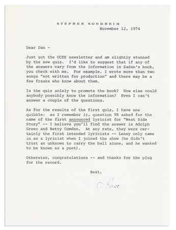 SONDHEIM, STEPHEN. Small archive of 7 Typed Letters Signed, "Steve" or "Stephen Sondheim" or "S," to press agent Daniel Langen or OCEE